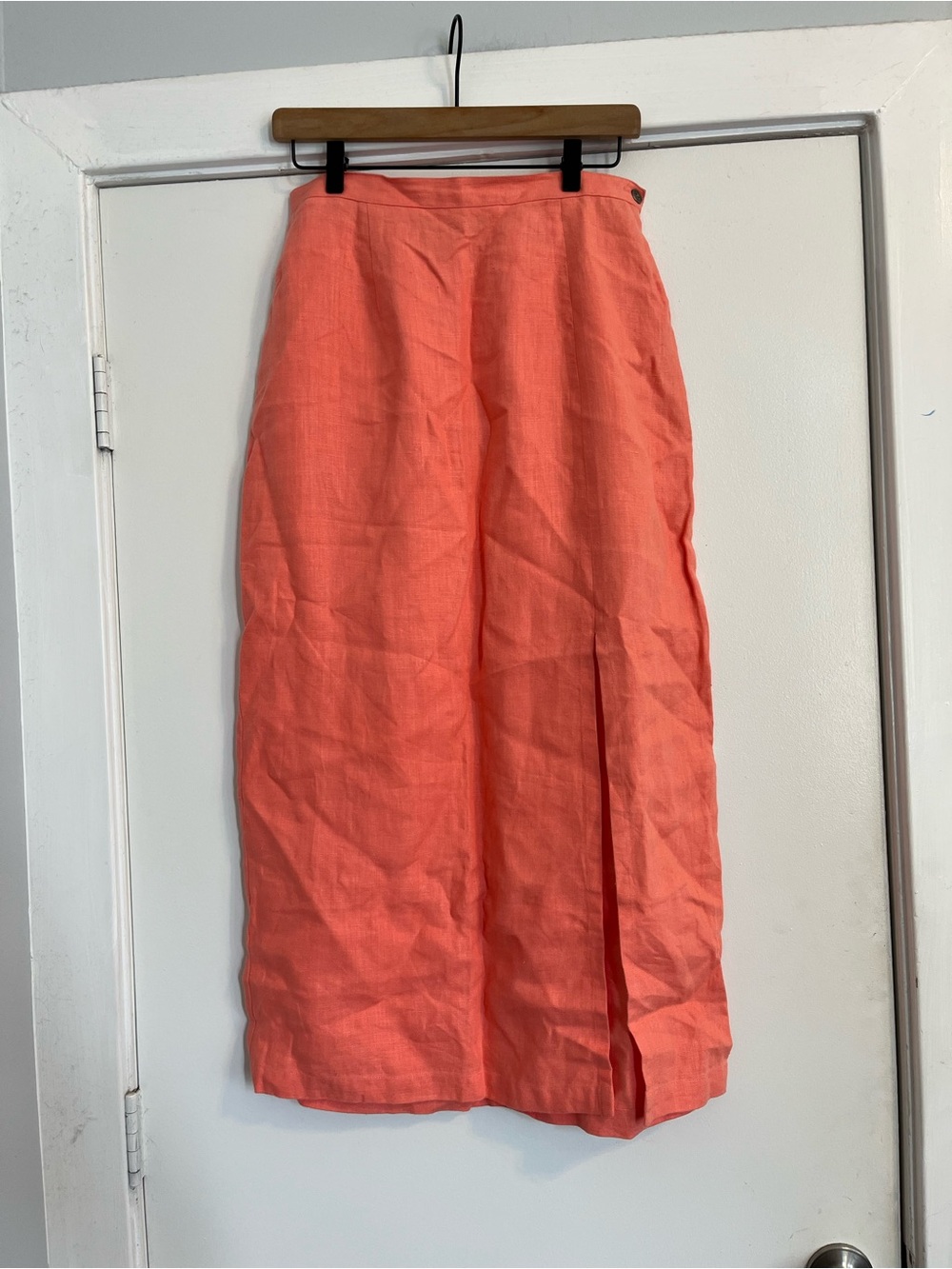 Vintage Coral Midi Skirt slit linen orange pink women’s size medium elastic